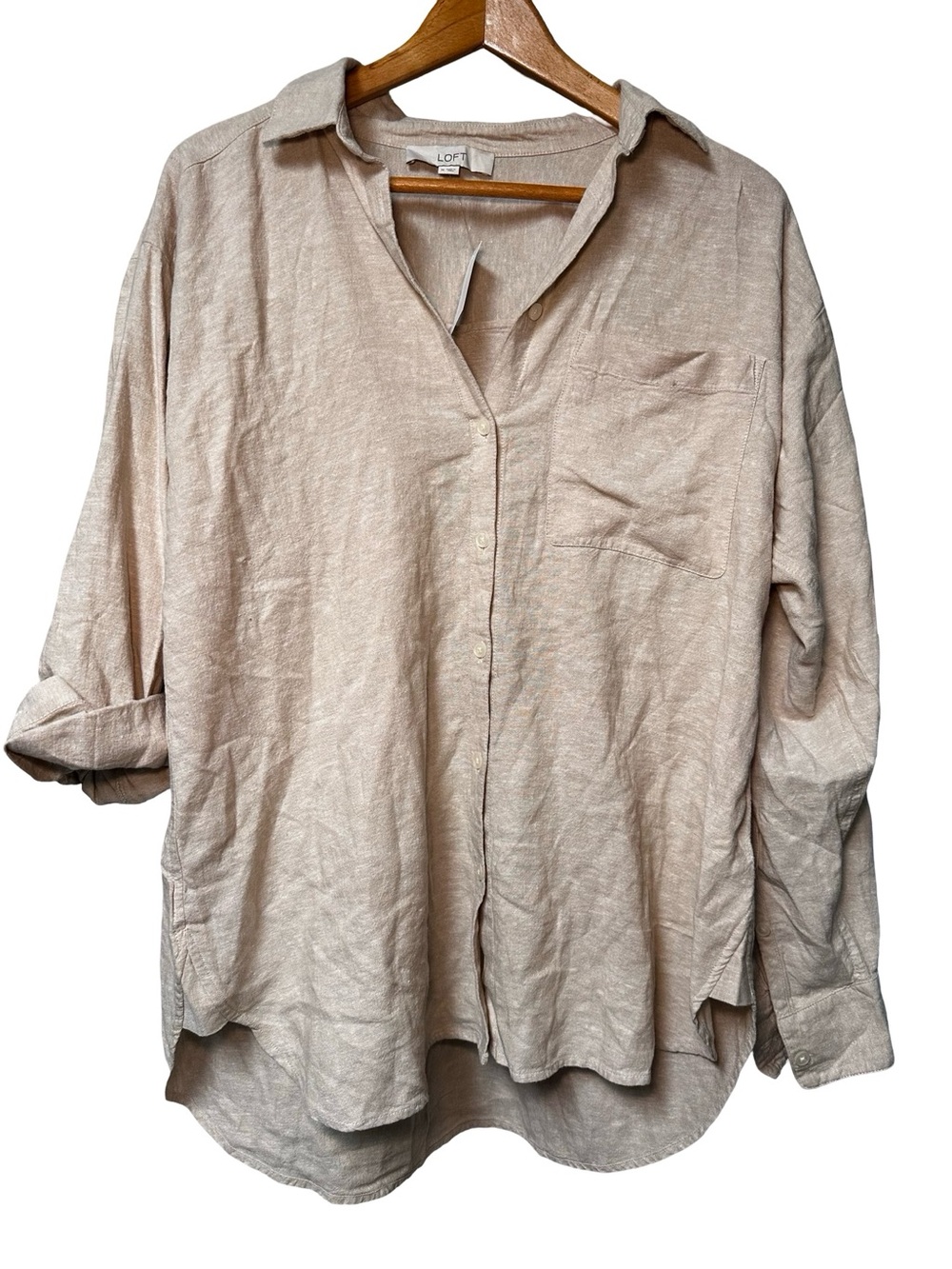 LOFT Linen Blend Button Down Tunic Blouse Medium NWT Beige Khaki Tan Chic Preppy